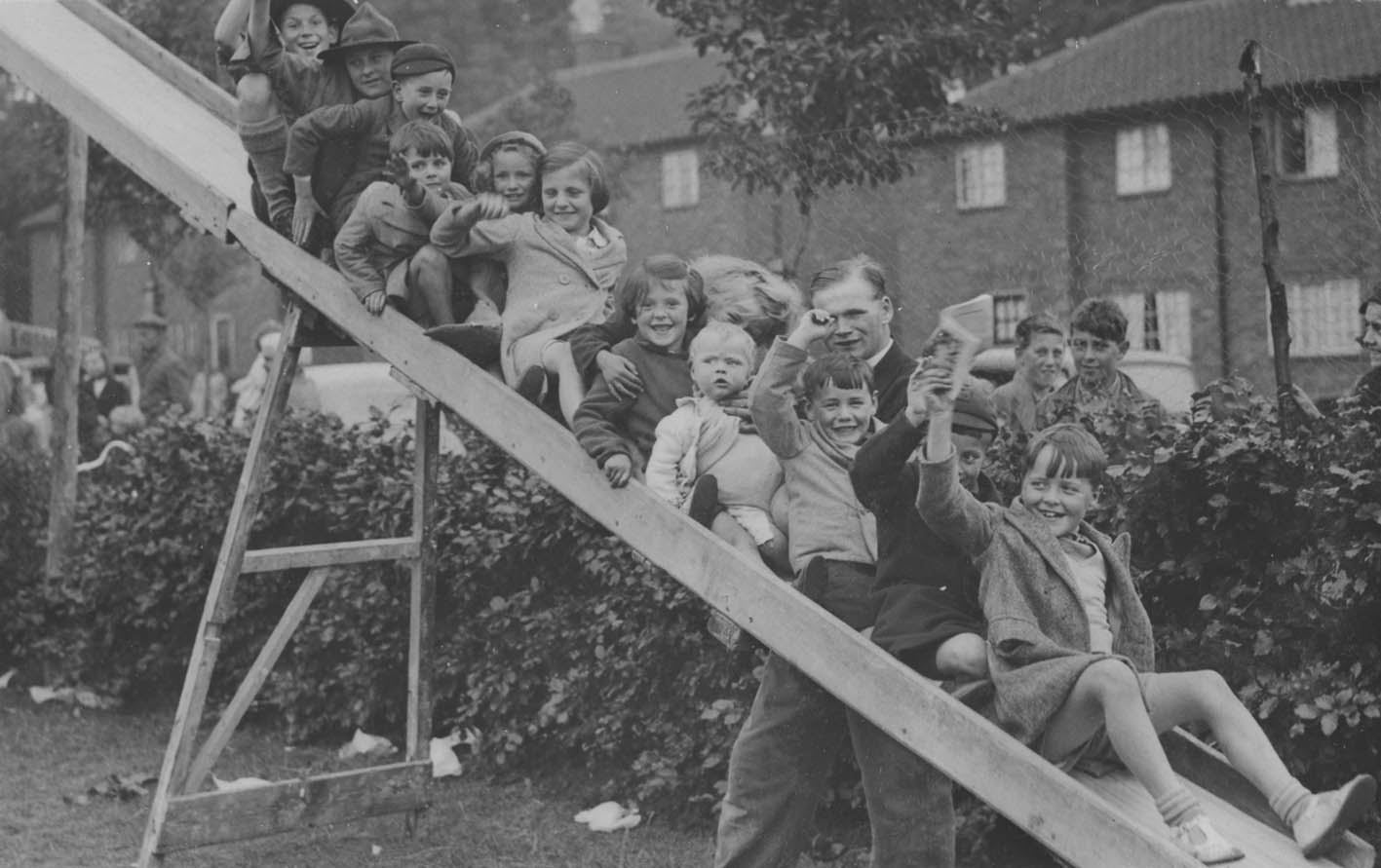 St Michael's & All Angels' Church Hall, Ludwick Way - Fete c1938. Children playing on a slide.